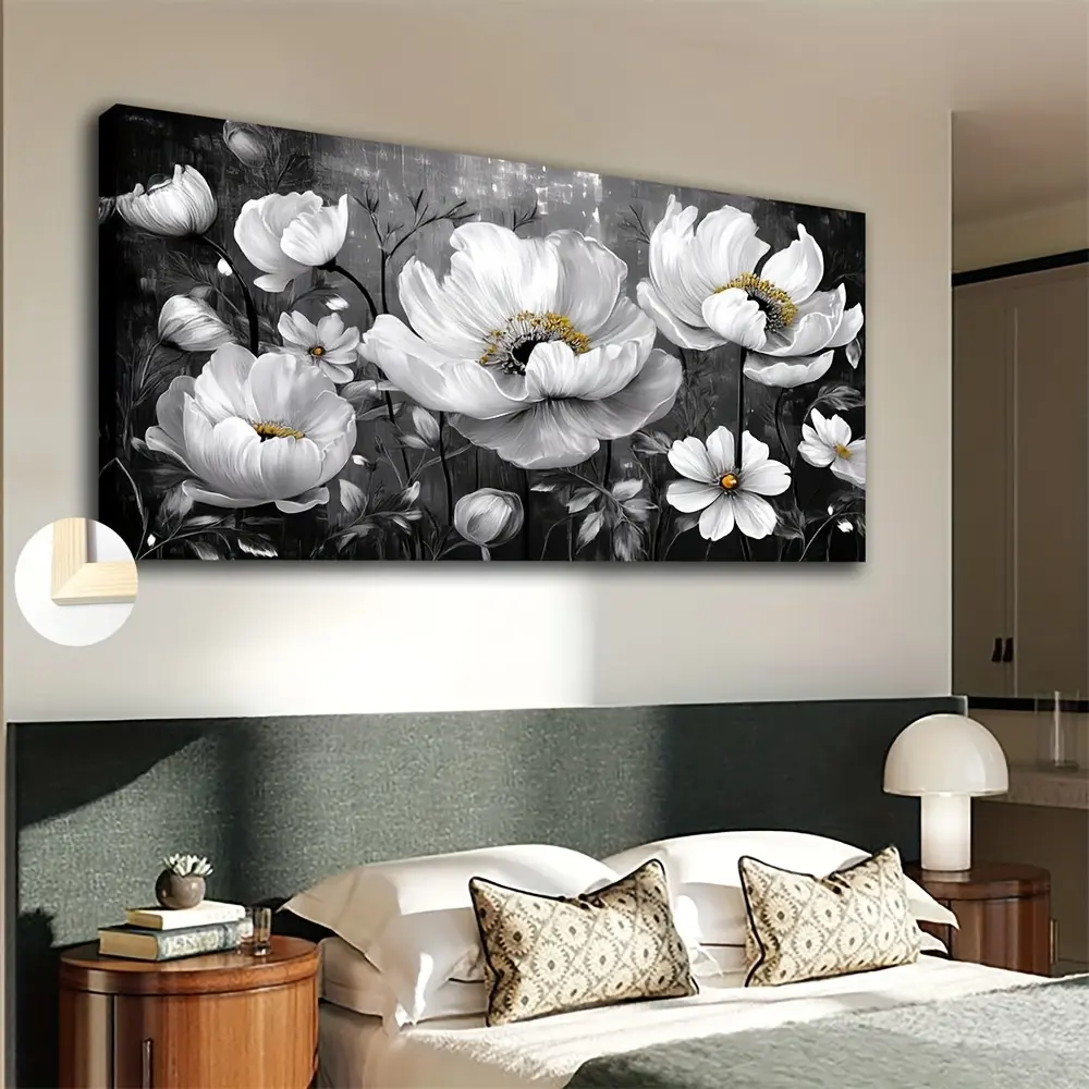 Large-Format Framed Canvas Art - Beautiful Floral Landscape Painting in Soft White and Yellow Tones - Ideal Wall Decor for Restrooms, Living Rooms, and Bathrooms - 20x40 / 24x28 Inches (Framed)