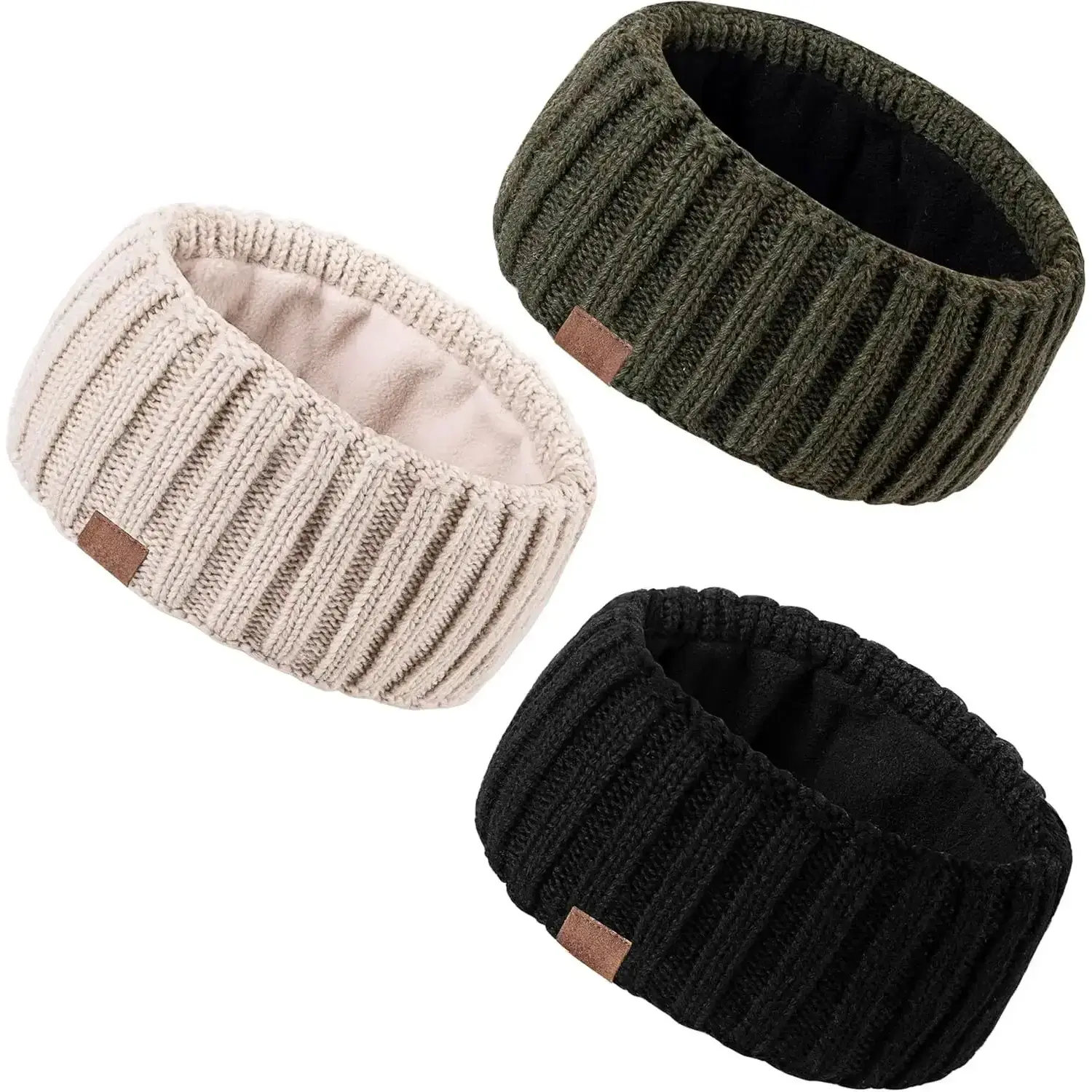 Women's 3-Pack Winter Cable Knit Ear Warmers, Wool-Acrylic Mix Thick Fleece-Lined Headbands with Stretch Elastic, Cold Weather Female Wear Accessories, Casual, Grandma, Everyday, Warm And Cozy, Fabric, 10.7 Inches Long, Covers Ears