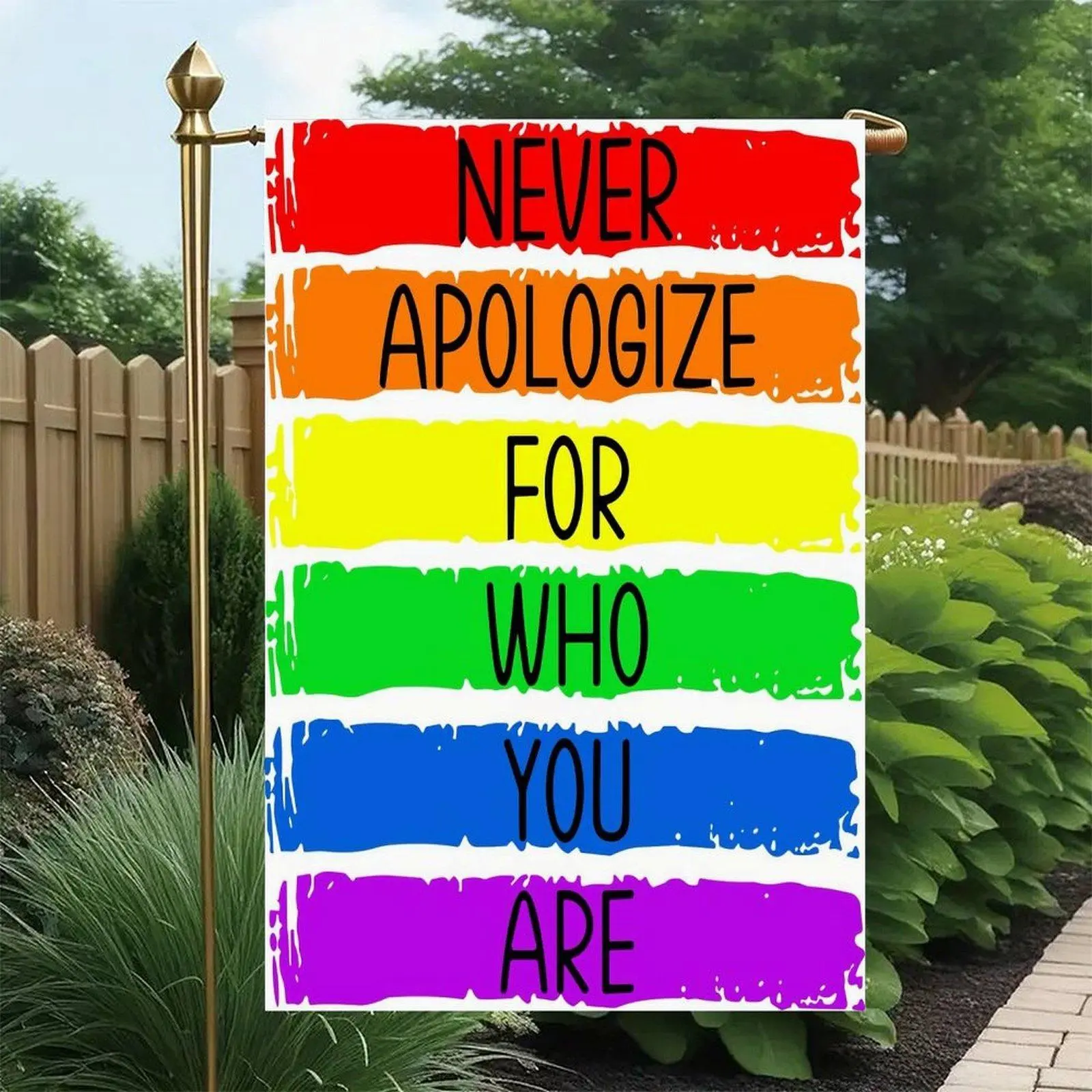 Never Apologize For Who You Are Rainbow Brush Stroke Pride Garden Flag, Double Sided, 12 x 18 Inch, Inspirational Striped Outdoor Yard Flag