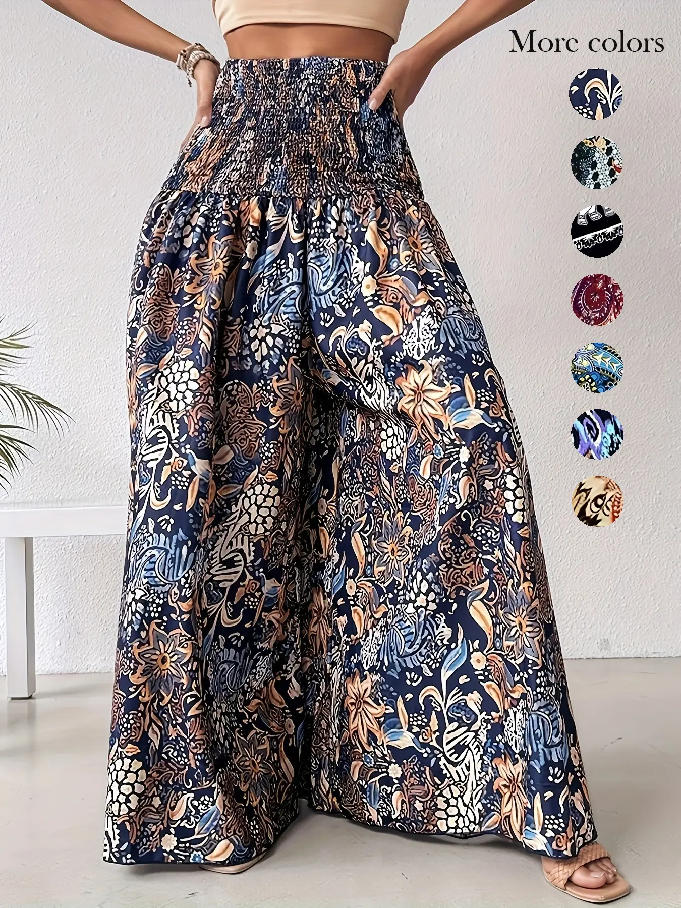 Women's Ethnic Pattern Shirred Waist Wide Leg Pants, Boho Casual High Waist Trousers for Daily Holiday Vacation Wear, Ladies Bottoms for All Seasons