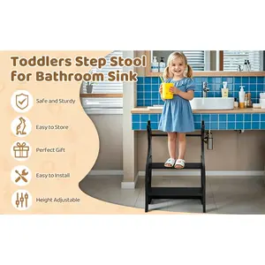 [HUOMAQFAN]Wooden Toddler Learning Tower, Adjustable Height 2 Step Stool with Safety Handrails, Kids Standing Helper Ladder for Kitchen Counter, Bathroom Sink & Potty Training