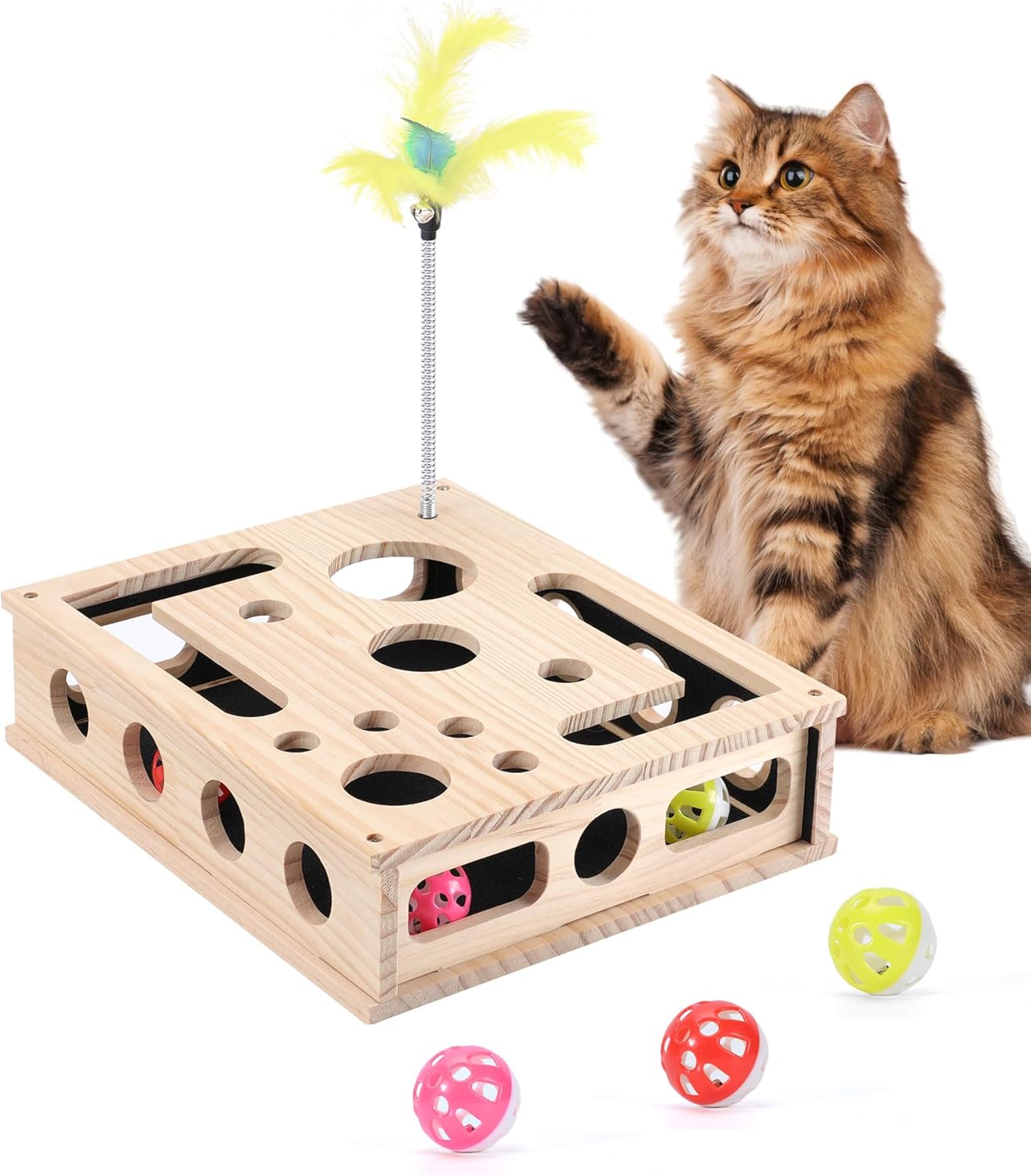 Cat Toys for Indoor Cats - Interactive Box Puzzle Toy Nail File Scratcher Hunting Play Toy with 3 Jingle Balls & 1 Feather Wand, Wooden Puzzle Treat Toy Box Energize Cat Instincts for Bored Cats Cat Toys for Indoor Cats - Interactive Box Puzzle Toy Nail File Scratcher Hunting Play Toy with 3 Jingle Balls & 1 Feather Wand, Wooden Puzzle Treat Toy Box Energize Cat Instincts for Bored Cats