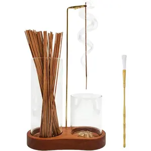 2 in 1 Glass Incense Holder for Sticks, Wooden Base Incense Burner with Metal Brush for Meditation Yoga Spa Office Home Decor Gifts(Brown,Natural Wood Color) (Brown)