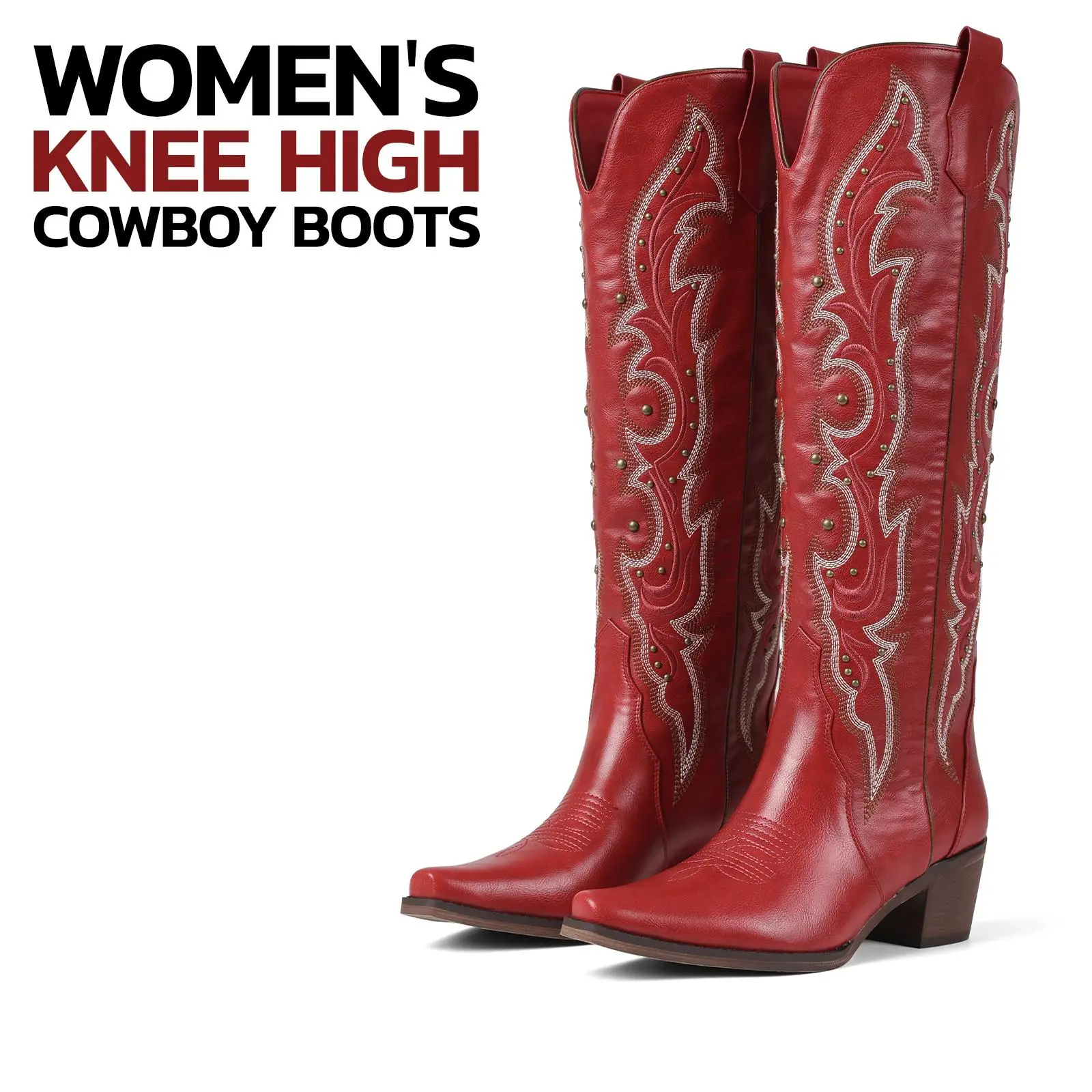 Cowboy Boots For Women Knee High Pointed Toe Chunky Block Heel Pull On Embroidered Wide Calf Fashion Comfortable Retro Country Vintage Party Date Dress Concert Festival Street Style Casual Cowgirl Tall Western Booties Summerwins