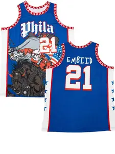 Joel Embiid #21 Philadelphia Basketball Jersey Blue Red Skeleton Knight Flag Graphic Breathable Mesh Sleeveless Tank Top Jersey for Embiid Fans Supporters Streetwear Collectors & Basketball Enthusiasts