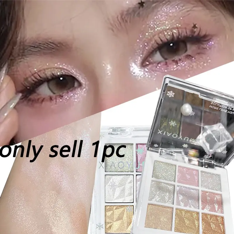 Ice Snowflake 9 Color Eyeshadow Palette, Waterproof Sweatproof Micro Glitter Diamond, Clear Pearl Highlight Makeup, Long-Lasting Color