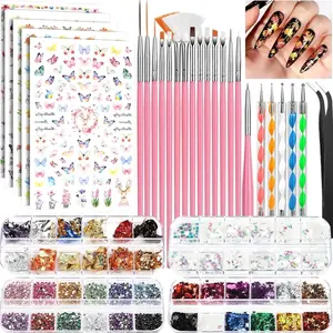 FANDAMEI Nail Art Brushes Set, Nail Art Kit, Nail Design Kit, Nail Art Dotting Pens, Nail Stickers, Butterfly Nail Art Sequins, Nail Foils, Nail Art Flakes Iridescent, Rhinestones For Nails