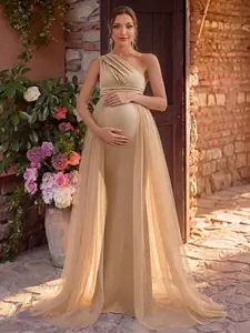 Dressalisa Elegant One-Shoulder Maternity Evening Dress, Mermaid Hem, Delicate Mesh Patchwork, Suitable For Photography, Baby's Full Moon Celebration, Christening, Maternity Photoshoot, And Family Gatherings Spring