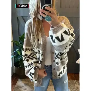 Women's Patchwork?Geometric Print Button Front Cardigan, Casual Drop Shoulder Lantern Sleeve Knitwear for?Fall, Fashion Ladies' Knit Clothing for Daily Wear