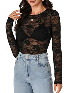 LYANERS Womenswear Women's Sexy Mesh Top Floral Long Sleeve See Through Shirt Lace Sheer Blouses