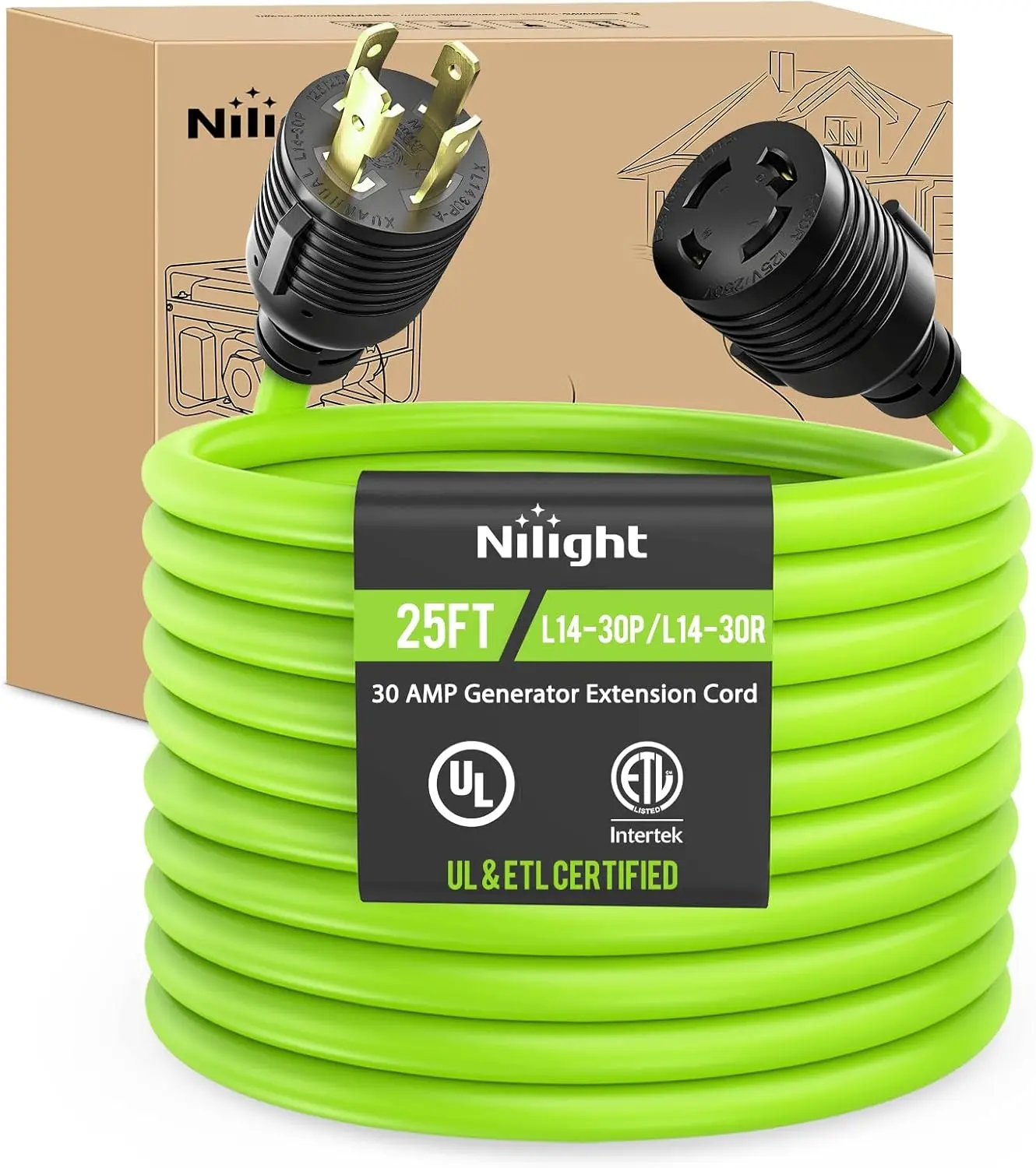 Nilight 25FT 30A Generator Extension Cord, 125V 3750W 10/3 Gauge Pure Copper STW Wire, UL ETL Listed 4-Prong L14-30P/L14-30R Water Resistant Cable, Storage Strap, Fluorescent Bright Green for Campers, Power Outages, All Seasons Outdoor Use, 1 X 25 Ft 30Am