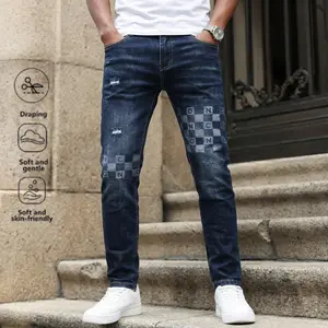Men's Checkerboard Distressed Jeans, Slim Fit Casual Denim Pants for Street Style