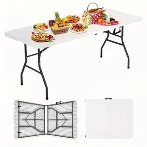 4FT/6FT/8FT Plastic Folding Table  Portable Outdoor Picnic Table  Perfect for Camping, Party, Wedding & Picnic, Lightweight with Lock & Handle, Easy Setup, White
