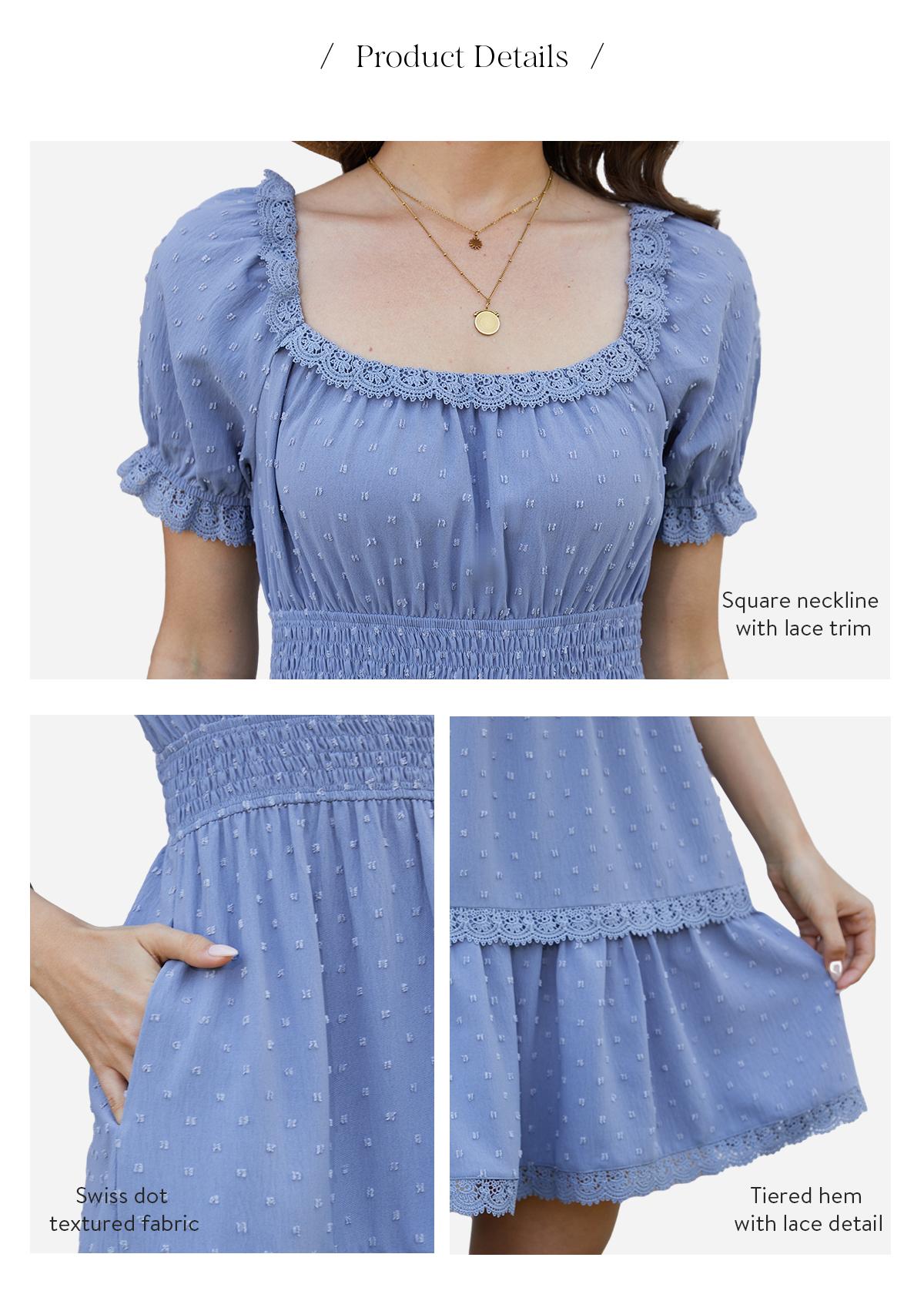 Florboom Women's Summer Boho Swiss Dot Mini Dress – Puff Sleeves, V-Neck, Smocked Waist, A-Line, Side Pockets – Vacation, Party, Daily Wear