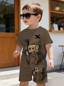 Children Cardboard Man Theme Set, Toddler, Bottom X Eye Short Sleeve & Shorts, Cool Street Style, Outdoor Wear, Casual Fitted All Seasons, Junior