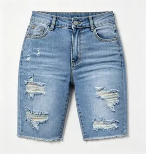 Jean Shorts Womens Light Blue Distressed Denim Shorts With Raw-Hemmed Frayed Hems And Stretch Fabric Featuring A Button-And-Zip Fly And A Slim-Fit Knee-Length Design Perfect For Everyday Streetwear Vacations And Outdoor Activities
