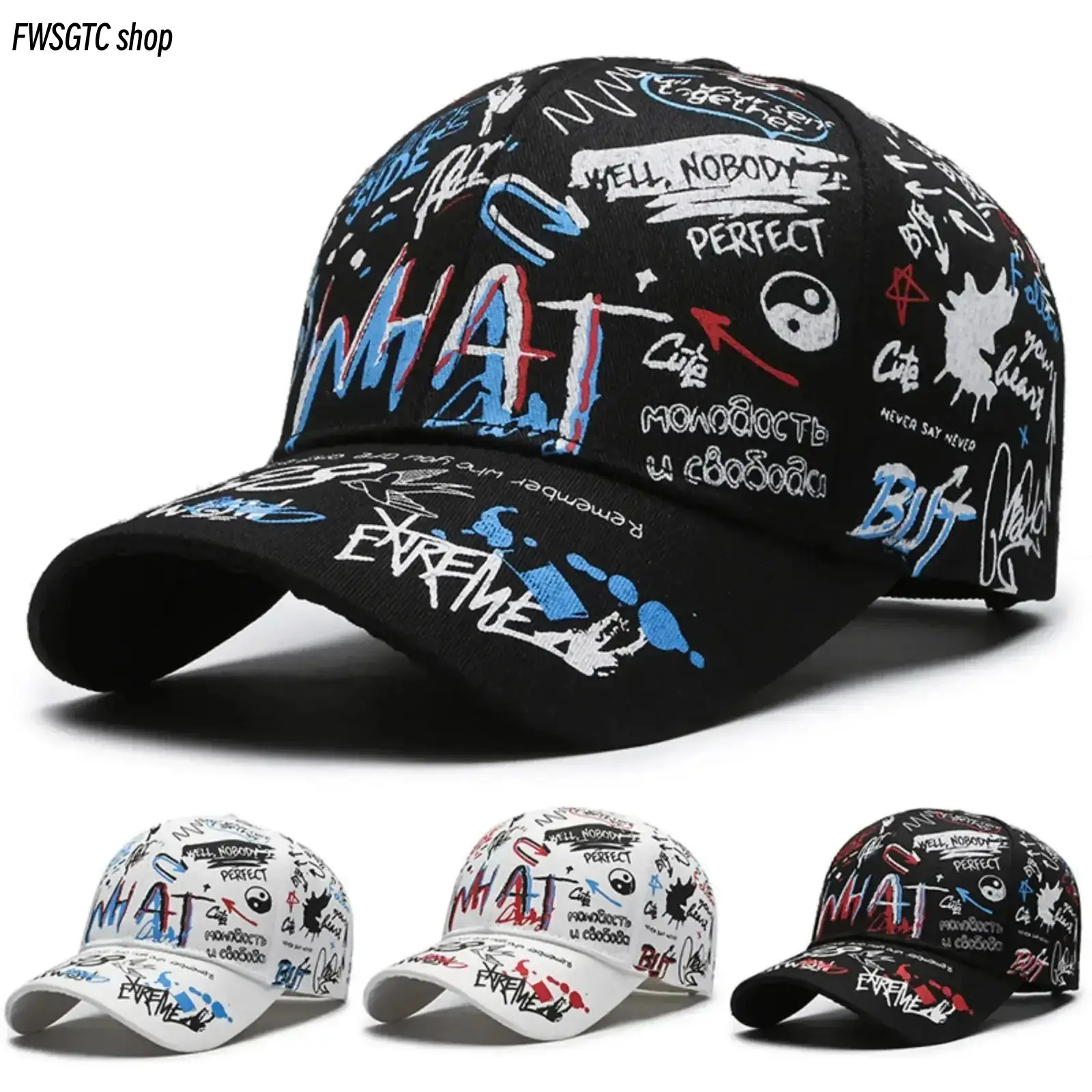 Unisex 2-Pack Graffiti Baseball Hats, Trendy Streetwear Style, Breathable & Lightweight, Sun Protection Headgear for Outdoor Sports and Daily Leisure