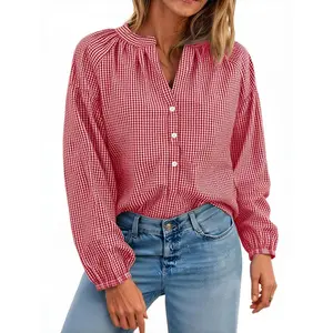 Imily Bela Womens Puff Long Sleeve Blouse Gingham Pleated V Neck Button Down Shirts Loose Fit Dressy Casual Fall Tops