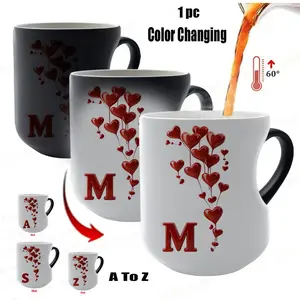 Color-Changing A-Z Initial Heart Novelty Coffee Mug, Funny Heat-Sensitive Ceramic Mug with Heart-Shaped Handle, 11 oz / 330 ml, Valentine's Day Gift