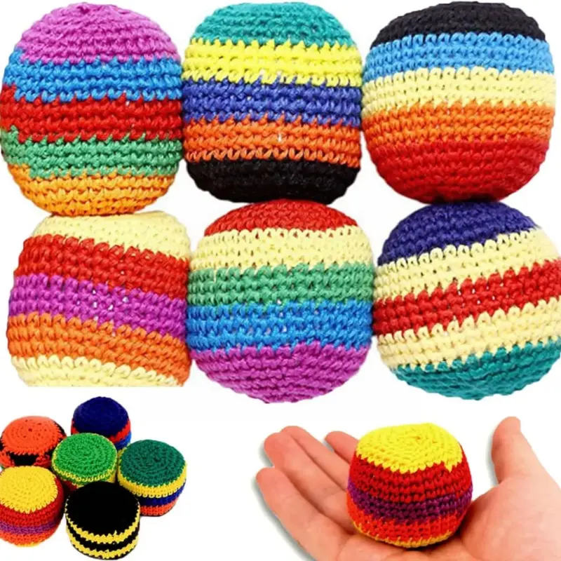Handmade Crochet Hacky Sack Balls, Rainbow Striped Knit Fidget Balls, Soft Fabric Kick Sack Toy for Outdoor Play & Stress Relief