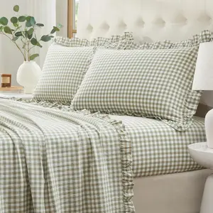 Ruffle Gingham Queen Sheet Set - 4 Piece Sage Green Cotton Bed Sheets Queen Size - 16 Inch Deep Checkered Ruffled Sheets Farmhouse --Feel & Breathable