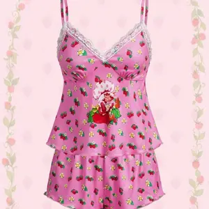 Strawberry Shortcake Cozy Cami & Shorts Pajama Set in Pink with Floral and Strawberry Print Cute Feminine Top Womenswear