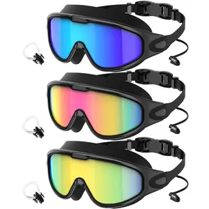 2/3 Pack Swim Goggles for Adults Men Women, Polarized UV400 Swimming Goggles Anti Fog No Leaking, Wide View Mirrored Swim Goggles with Built-in Ear Plugs and Nose Clips for Pool Beach Open Water