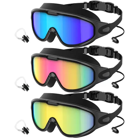 Unisex Polarized Swimming Goggles (2/3 Pack) - Swimming Accessories for Adults, UV400 Protection, Anti-Fog Wide View Mirrored Lenses, Leak Proof, Built-in Ear Plugs & Nose Clips for Pool, Kayaking, Surfing