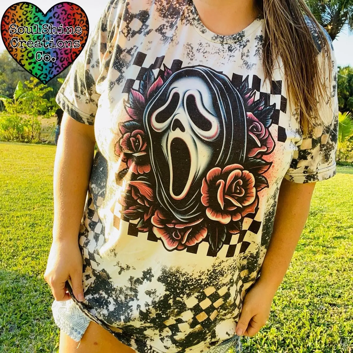 Retro 90s Ghost Acid Wash Checkered Print Grunge Bleached Tee Shirt Sublimation