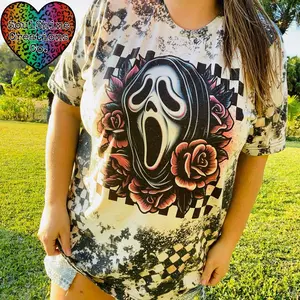 Retro 90s Ghost Acid Wash Checkered Print Grunge Bleached Tee Shirt Sublimation