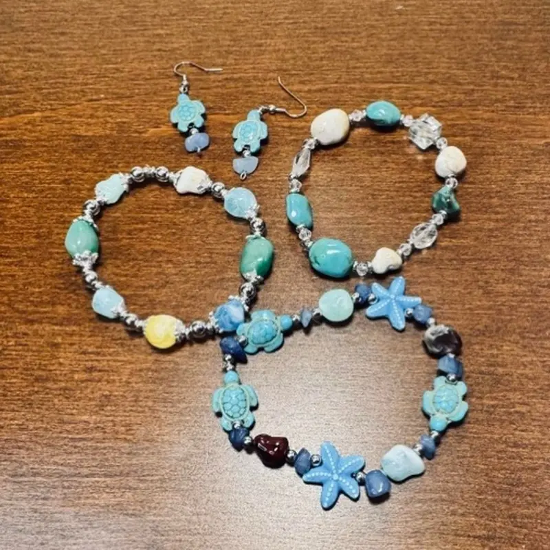 Earth & Ocean Upcycled Beaded Bracelet Bundle 4-Piece with earribags and 3 bracelets Sustainable Stack with Coastal Turtle Starfish Seafoam Glass & Stone Earth Sage Artisan Strand Eco-Friendly Salvaged Stone Glass Clay Ocean-Inspired
