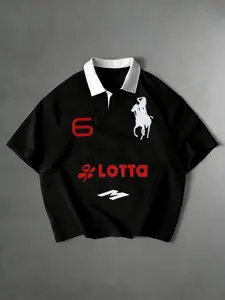 Polo Player Oversized Polo Shirt - TikTokShopBlackFriday Deals FallFashion, Trendy Streetwear Top, Bold Red & White Graphic Print, Stylish Casual Outfit, Versatile Daily Wear Essential, Polo Tees, Viral TikTokShopFallDealsForYou Pick