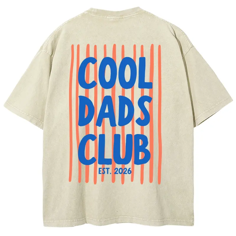 Men's Cool Dads Club Est. 2026 Washed Cotton Top - Retro Striped Dad Graphic, Pre-Shrunken Oversize Loose Fit, Short-Sleeve Round Neck, Unisex Menswear Fabric, Boyfriend Birthday Gift for New Fathers