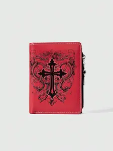 Gothic Unisex Wallet Punk Cross Design Zipper Coin Purse, Casual Fashion Card Holder, Creative Patterned Money Bag, Durable Fashion Wallet
