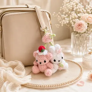 Handmade Crochet Bunny & Bear Keychain Set - Kawaii Knitted Animal Bag Charms, Pastel Couple Gifts for Her, DIY Yarn Handbag Accessories