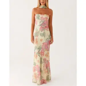 Womens Floral Strapless Maxi Dress with Scarf Backless Tube Long Dresses Sexy Mesh Bodycon Party Dress Summer Beachwear