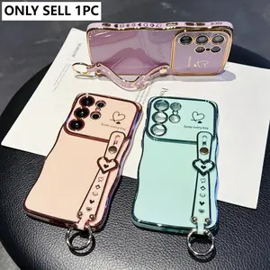 Electroplated Dual Heart Wave Large Window Phone Case Cover, Heart Wrist Strap, Vibrant Colors, Fits Samsung Galaxy S23-S26 Series, Protective Design, Accessories