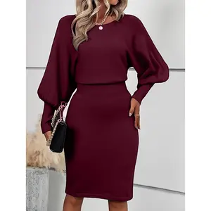 Women's Elegant Batwing Sleeve Sweater Dress - High Waist Round Neck Short Dress, All-Season Solid Black Party Wedding Guest Dress, Hand Washable Dress for Year-Round Wear (No Transparency)