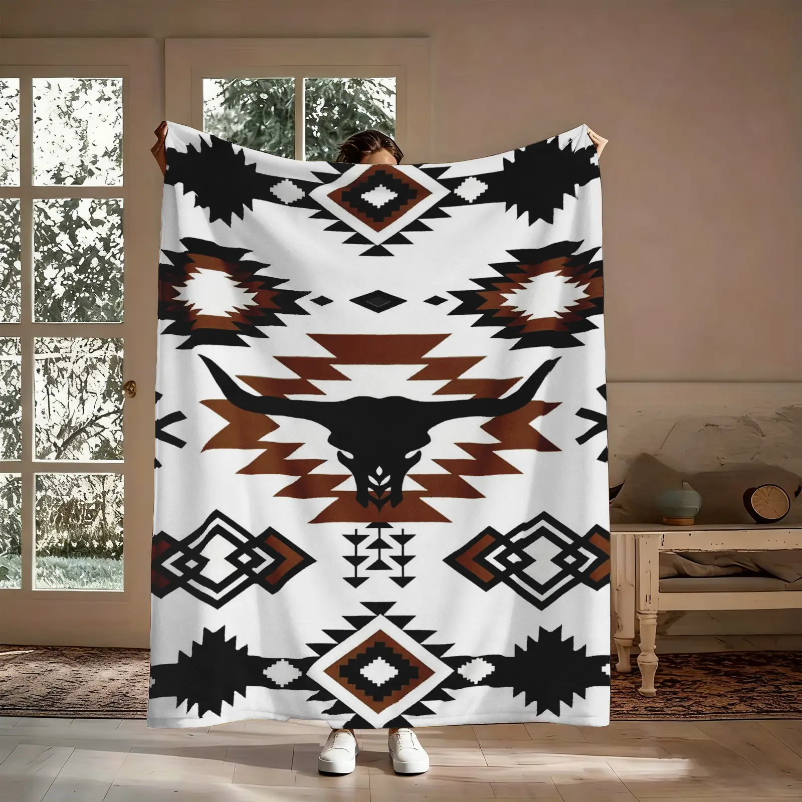 Aztec Southwest Flannel Blanket, 1 Count Tribal Geometric Soft Throw, Boho Western Decor, Cozy Nap Blanket for Home Office Travel, Suitable for Sofa Bed Couch, Gift for Art Lovers Him Her, Camping Blanket