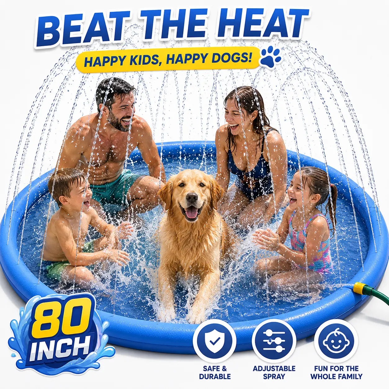 Thick PVC Dog Splash Pool for Large Dogs - Outdoor Play Sprinkler Splash Pad with Adjustable Spray, Backyard Water Play Mat, Repair Patches, Pet Accessory Training Toy