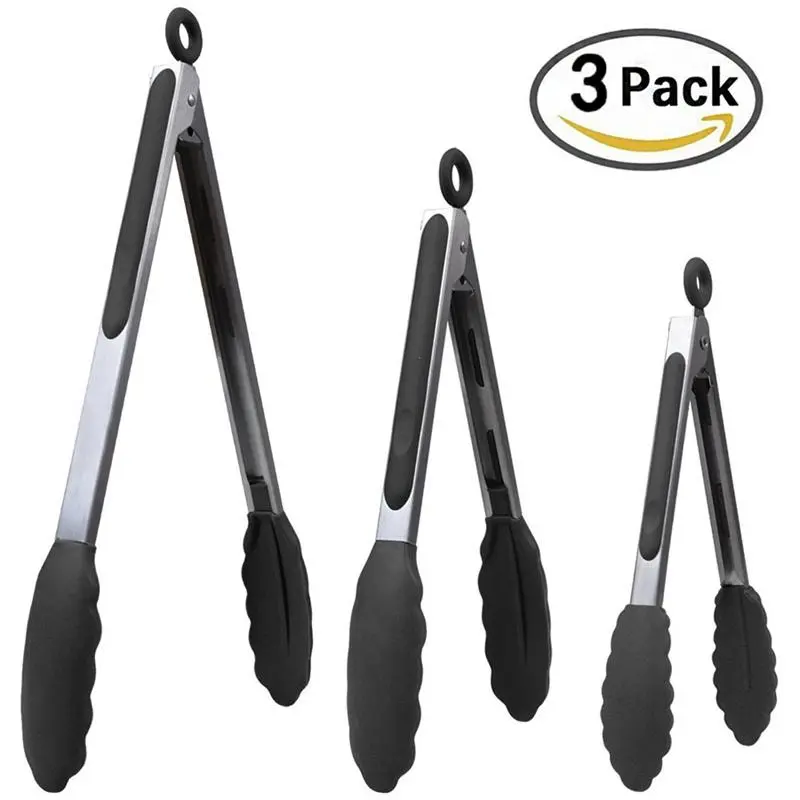 3pcs/set Ring-pull Locking Design Kitchen Tongs, Heat Resistant Cooking Tool Set, Silicone Non Stick Pliers For Air Fryer & Oven