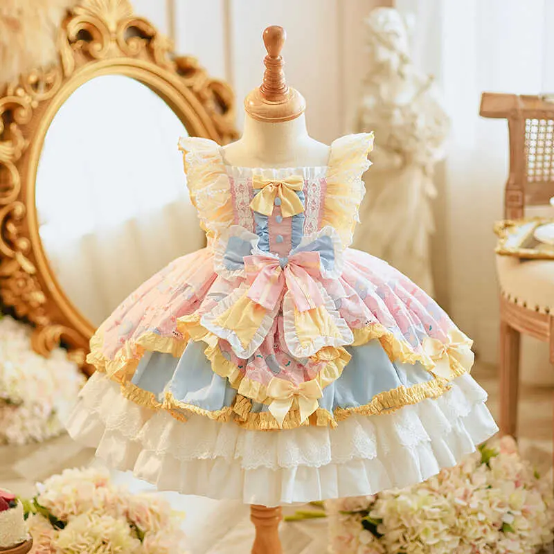 Girls’ Colorful Princess Dress - Dopamine Pink-Yellow-Blue Color Blocking, Sleeveless, Multi-Layered Puff Skirt with Bows & Lace, Spring/Summer Dresses for Birthdays, Holidays, Colorful Dress