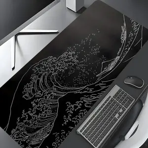 Japanese Wave Pattern Mouse Pad, Rectangle Gaming Mouse Pad, Non-slip Rubber Pad, Desktop Decoration Protection Pad for Laptop, Desktop Computer Games, Office Desk Accessories