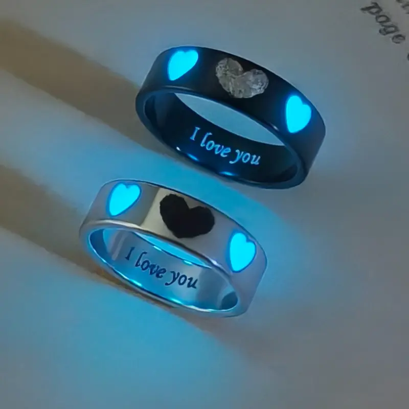 Glow in the Dark Heart Fingerprint Couple Rings, Heart Shaped Ring, Heart Signet Ring, Fashion Heart Rings, Cute Romantic Gift for Couples, Unisex Jewelry for Love Confession, Anniversary Ring, Beautiful Rings, Stainless Steel Rings