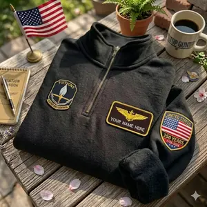 Custom Name Aviation Patch Embroidered Quarter Zip, Top Gun Inspired 250 Years Sweatshirt, Military Flight Crewneck Pullover