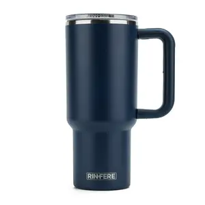 RINFERE Tumbler with Handle, Straw and Slide Lid - 100% Leak Proof, Cup Holder Compatible for Travel - Insulated Stainless Steel Cup - Non-Slip Silicone Pad - BPA-Free (30 OZ)