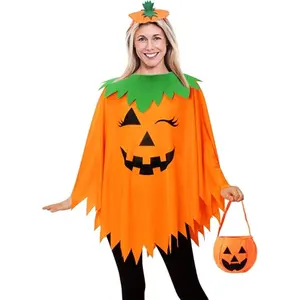 Halloween Pumpkin Costume for Women - 3PCS Pumpkin Poncho with Headband & Bag - Fun & Festive Halloween Outfit for Adults Crew Neck Design