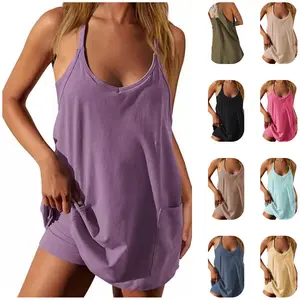 Women's Sleeveless Athletic Dress with Spaghetti Straps Mini Sundress in Purple Black Pink Beige Blue Cream Includes Built-in Shorts No Warranty,summervibes outdoorfun