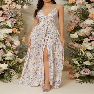Vintage Women's Ditsy Floral Print Cut Out Backless Split Thigh Wrap V Neck Cami Dress, Elegant Criss Cross Surplice Neck Spaghetti Strap Maxi Dress for Beach Holiday Vacation, Ladies Clothes for All Seasons