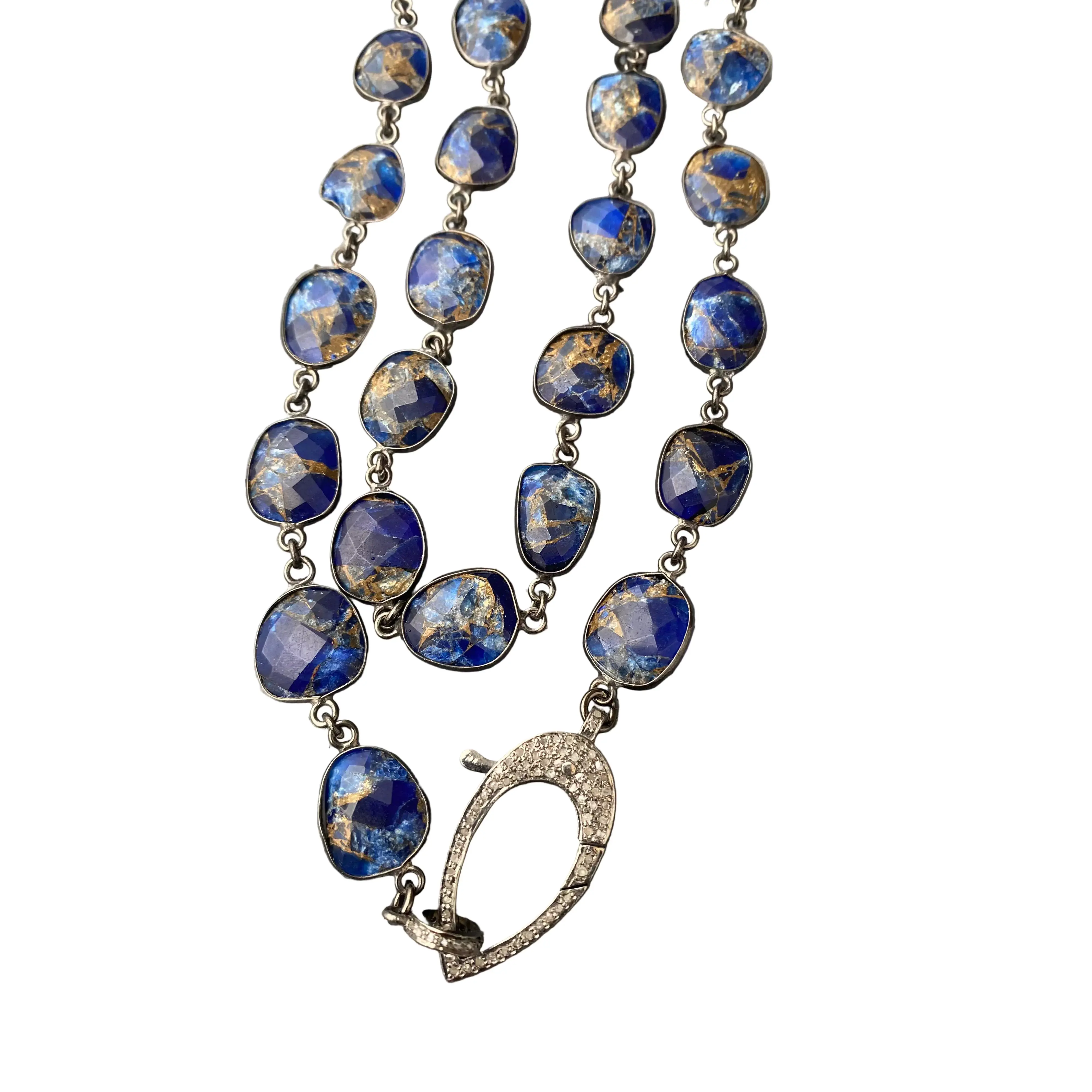 Copper Lapis Bezel Necklace with Pave Diamond Clasp